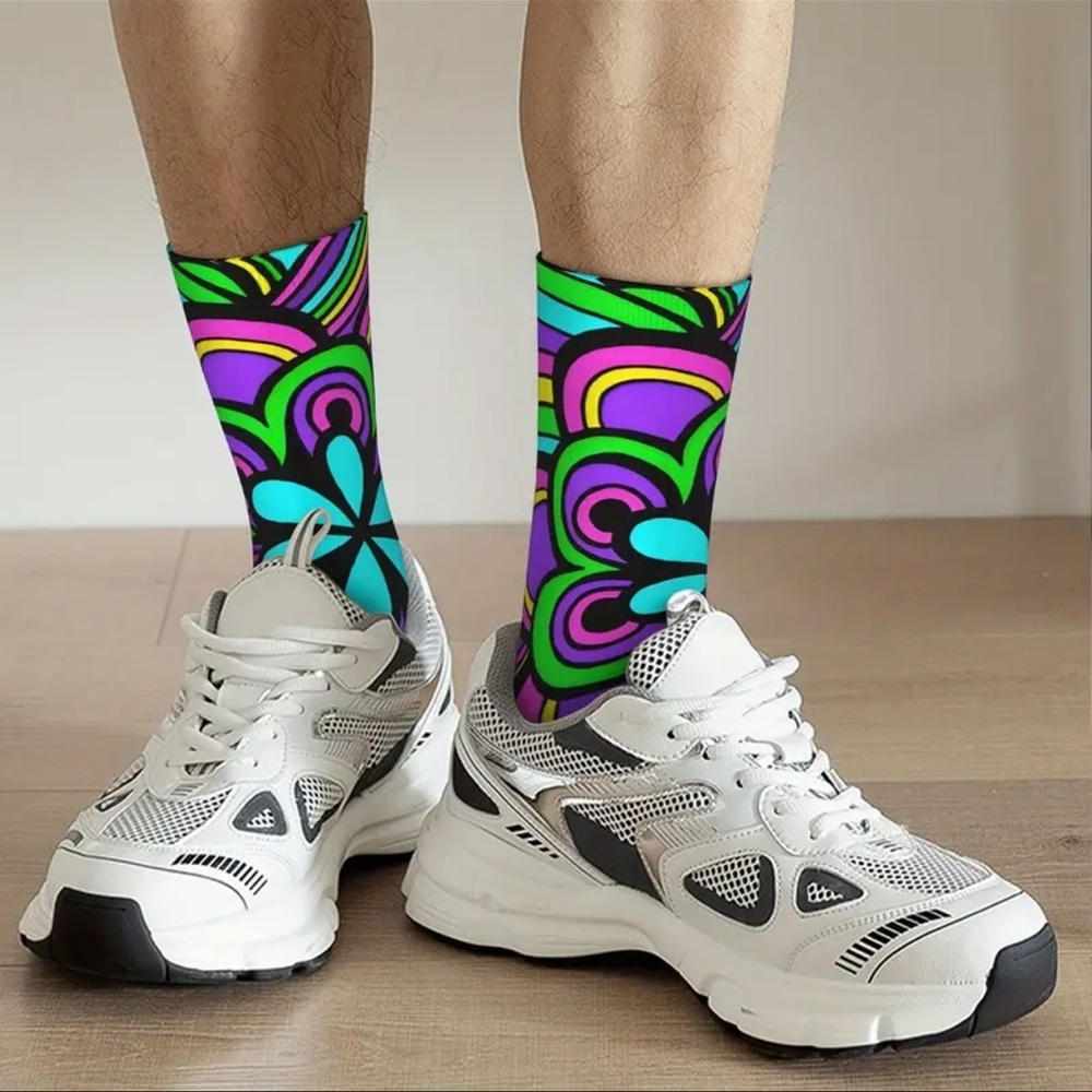 1 Pair of Vibrant Floral Harajuku Crew Socks - NEW, Bright Colors, Unisex